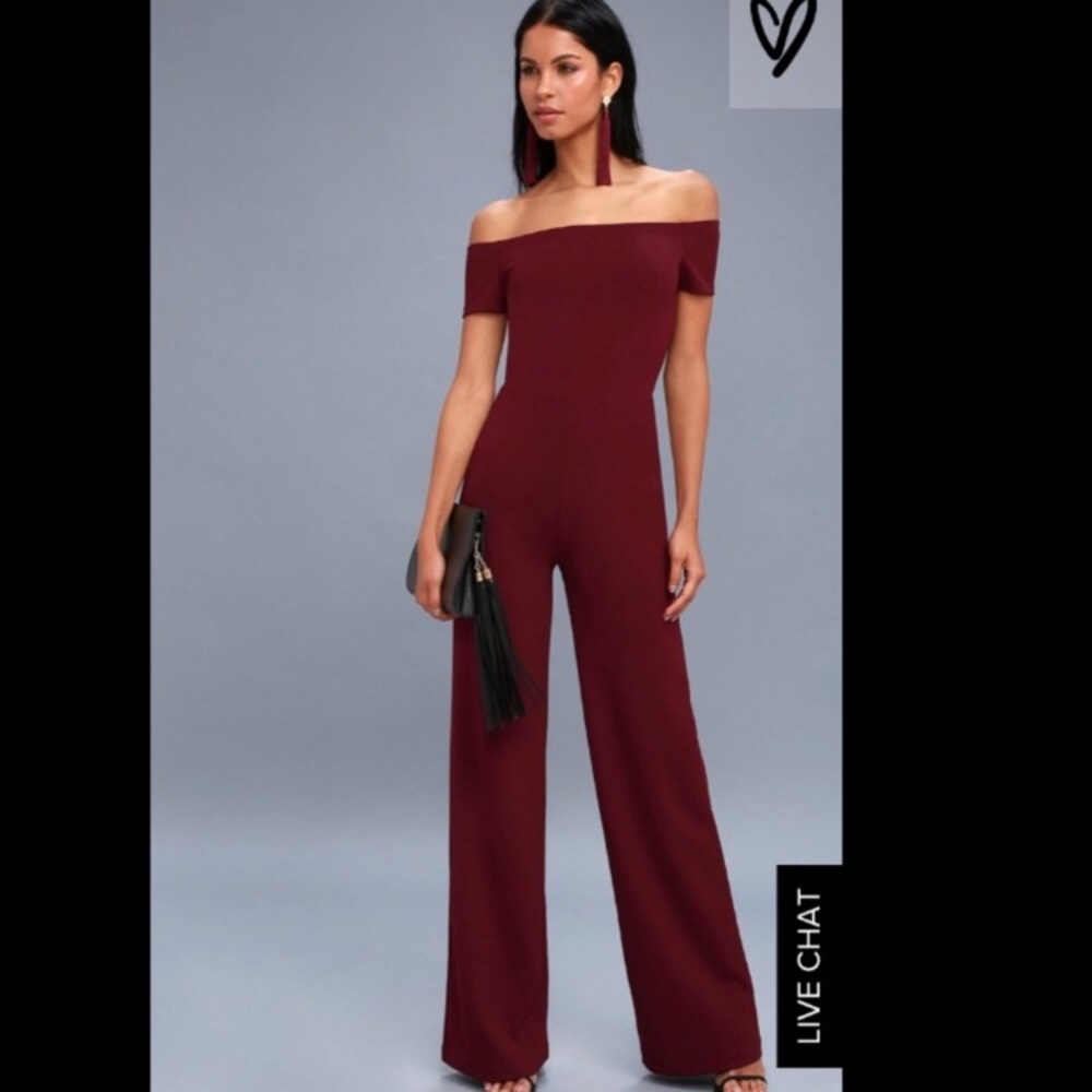 LULUS off the shoulder burgundy jumpsuit!